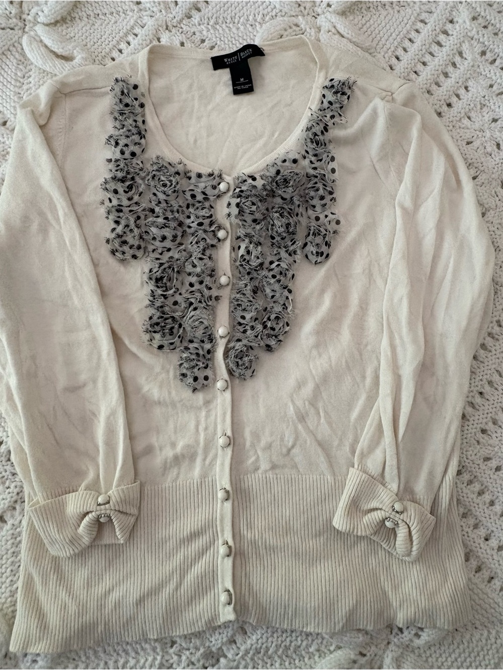 White House Black Market Cream Cardigan with Gray Floral Applique
